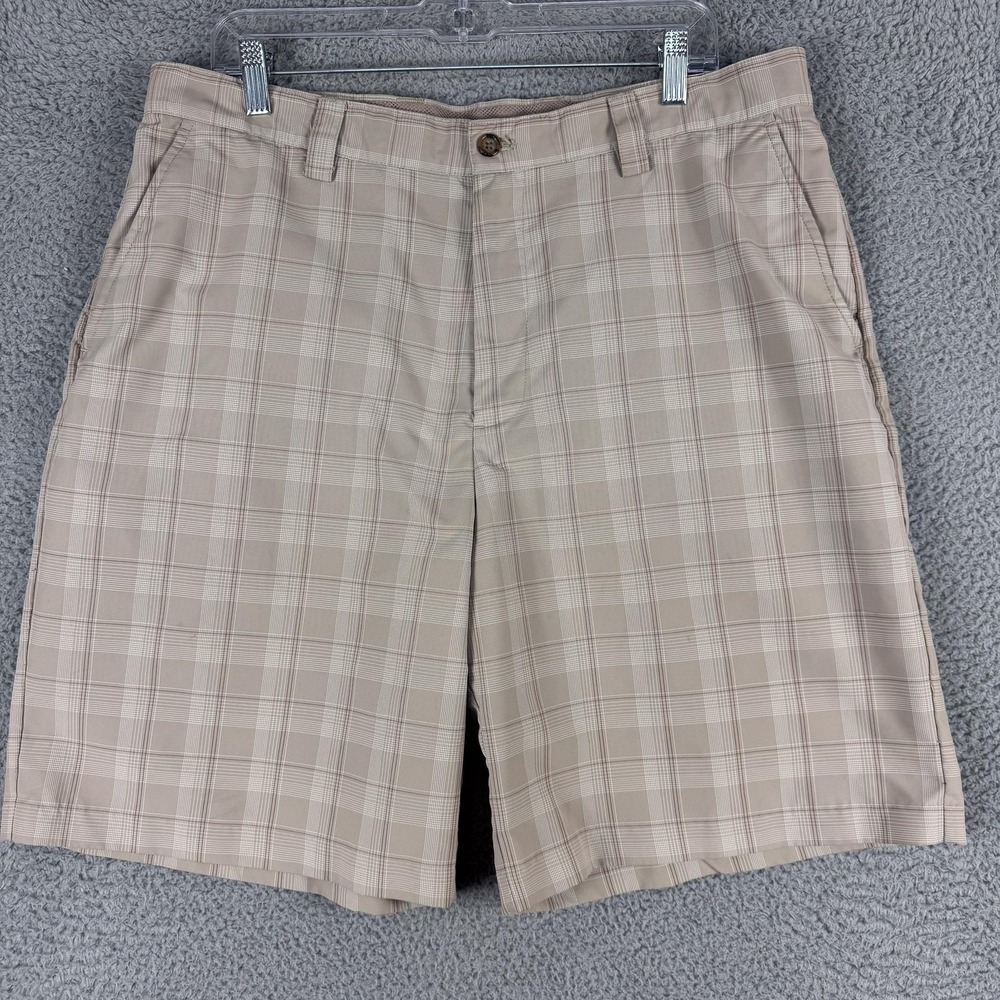 IZOD XFG Shorts Mens 36 Tan Beige Plaid Performance Golf Flat Front Polyester